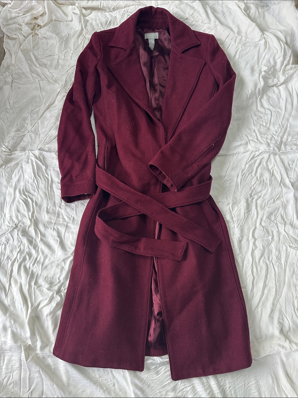 Wool belted wrap coat burgundy